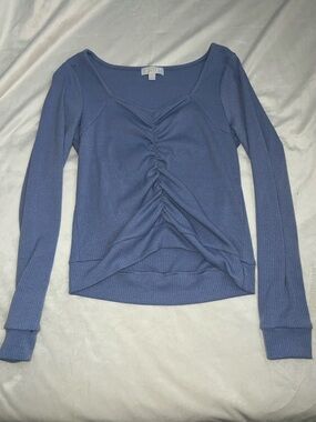 BDG Periwinkle Ribbed Ruched Long Sleeve Scoop Neck Top